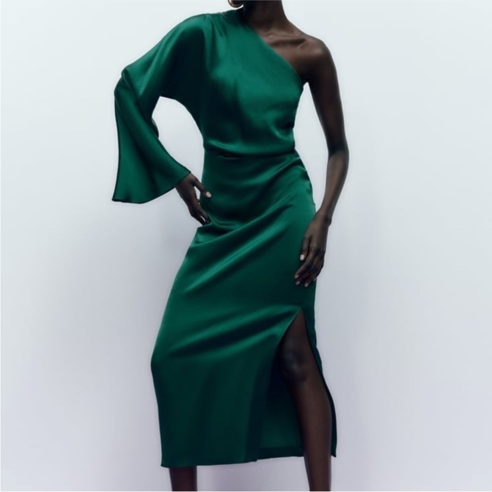 Zara Elegant Green One-Shoulder Dress - Picture 6 of 9